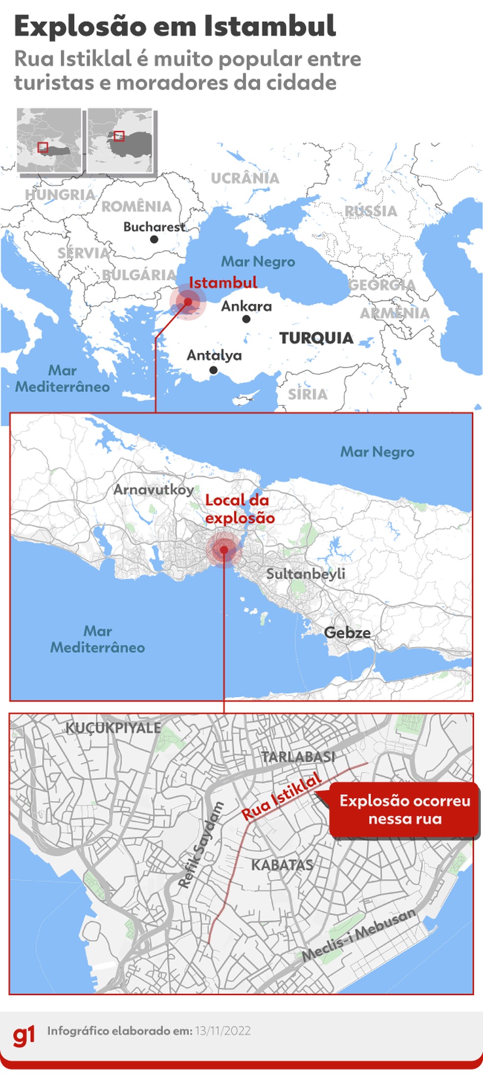 Explos&atilde;o ocorreu em movimentada rua de pedestres na &aacute;rea de Taksim, no centro de Istambul,  &mdash; Foto: Arte/g1