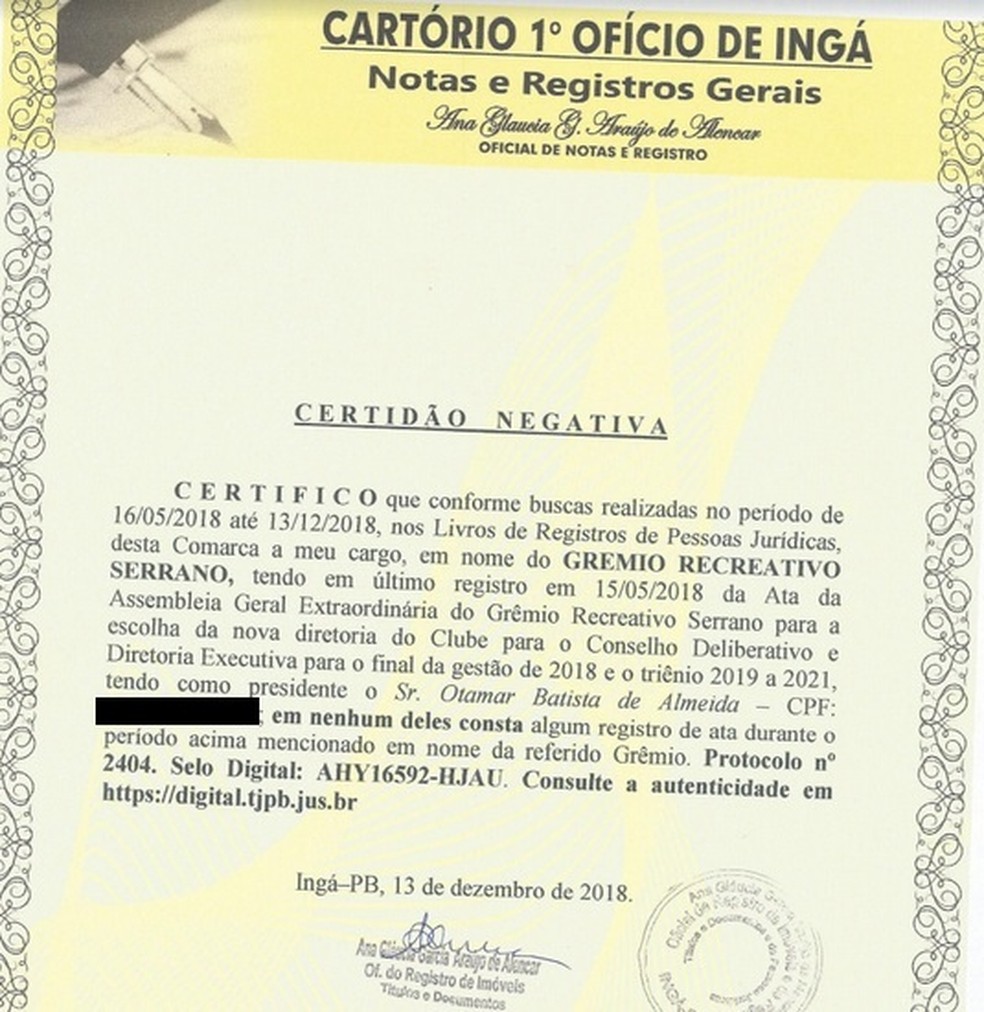 Em cartório, no entanto, Otamar Almeida segue sendo oficialmente o presidente do clube — Foto: Reprodução