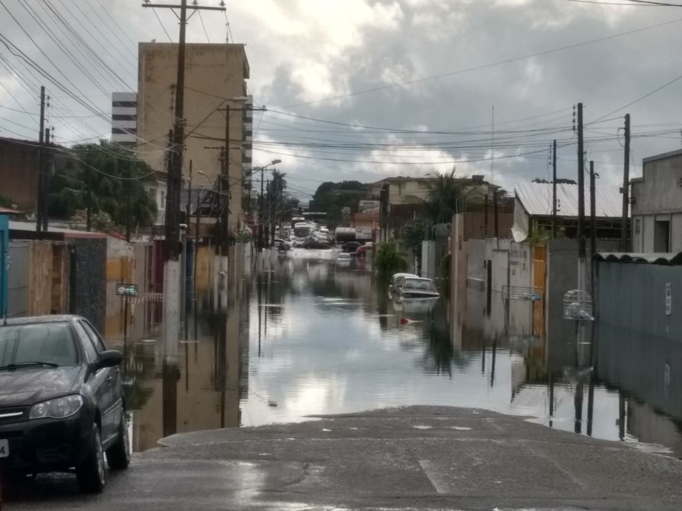 Carros estacionados na rua são invadidos por água de chuva (Foto: Carolina Sanches/G1AL)