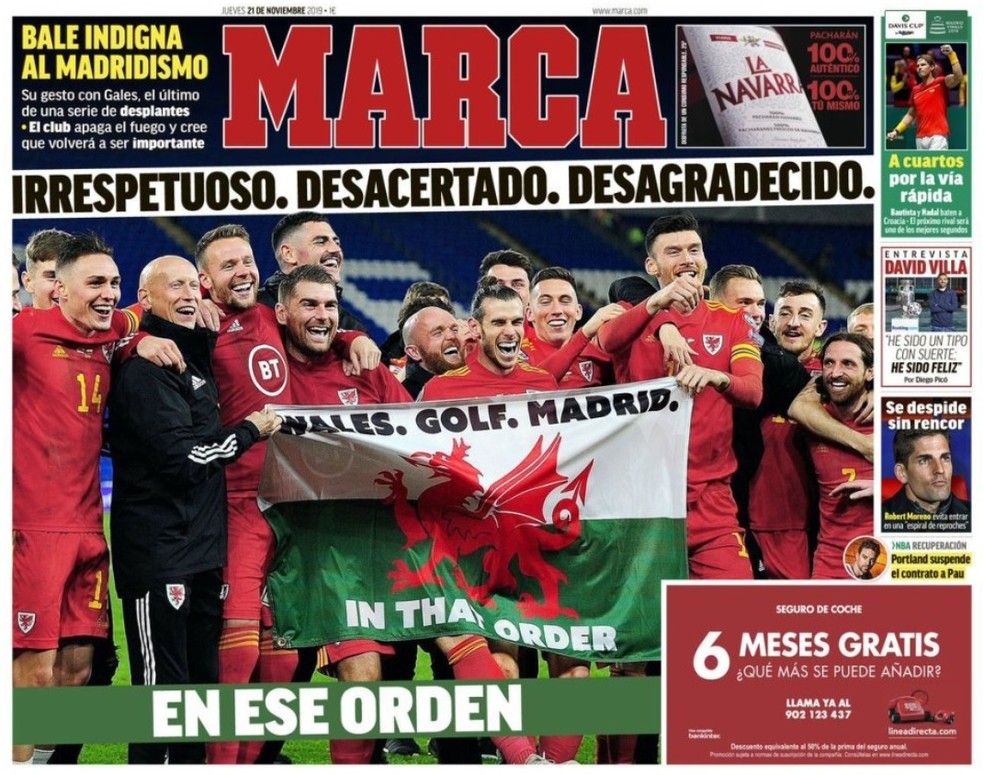 Capa do jornal Marca coloca três adjetivos para classificar atitude de Gareth Bale — Foto: Reprodução