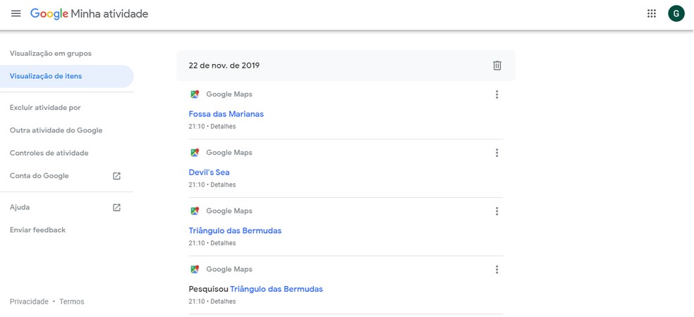 É possível visualizar os locais pesquisados e rotas encontradas no histórico do Google Maps — Foto: Reprodução/Guilherme Ramos