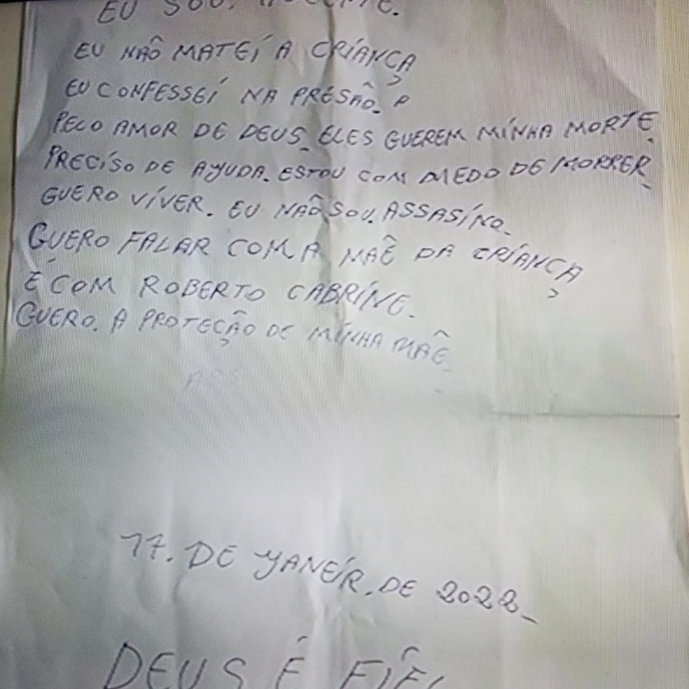 Caso Beatriz: Marcelo da Silva teria escrito carta dizendo ser inocente — Foto: Reprodução/WhatsApp