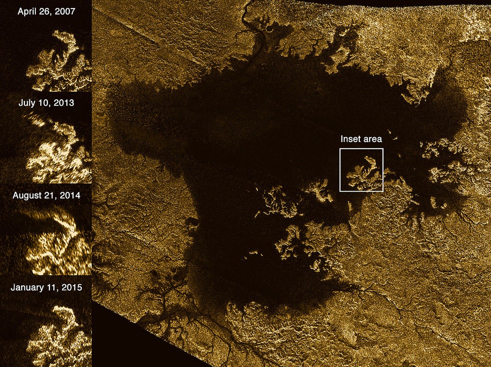 Fotos mostram pedaço de ilha desaparecendo em lago de metano em Titã — Foto: Nasa/ESA