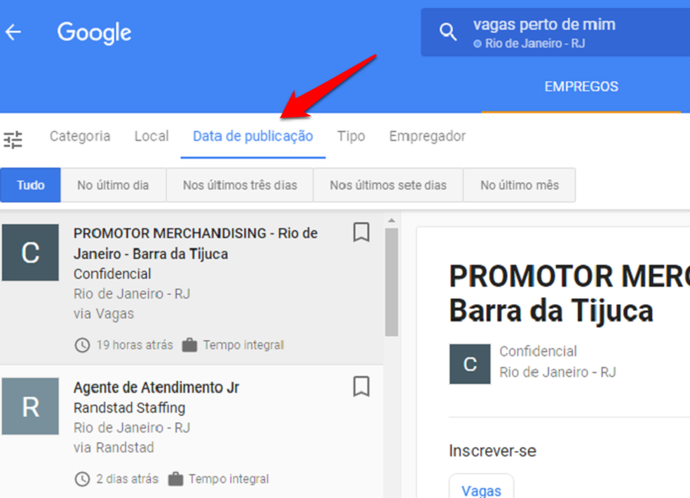 Também é possível ver as vagas mais recentes ativando o filtro por data (Foto: Reprodução/Gabriel Ribeiro)