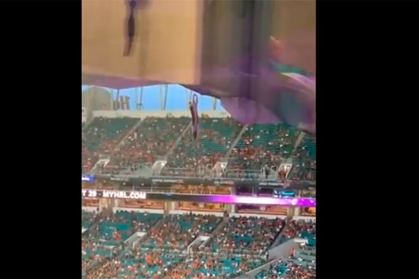 Gato pendurado em cobertura de estádio em Miami (Foto: reprodução Twitter)