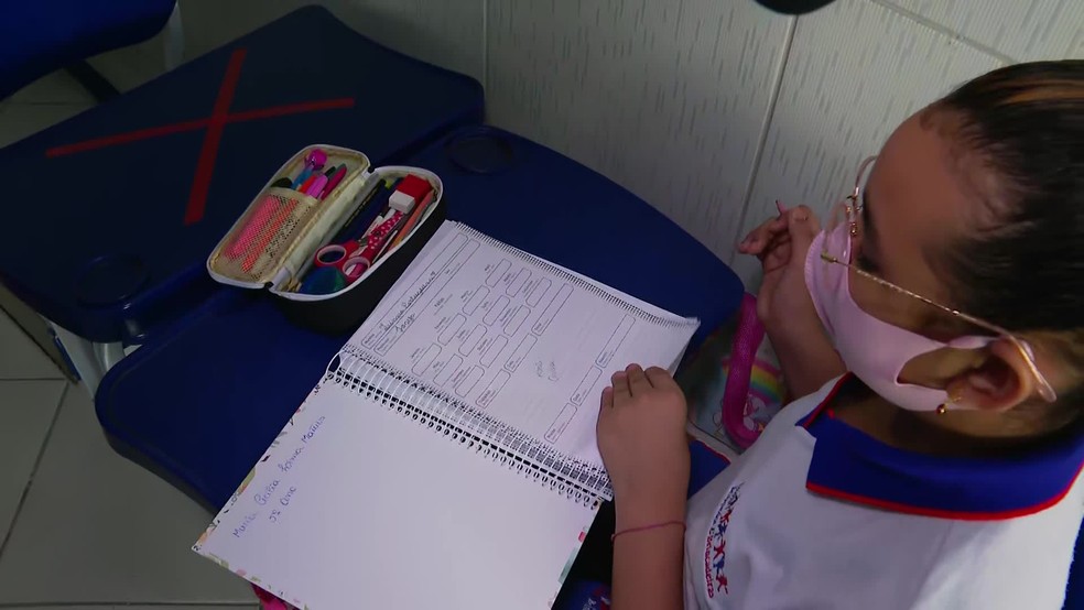Aluna com caderno em sala de aula de escola particular — Foto: Reprodução/TV Globo