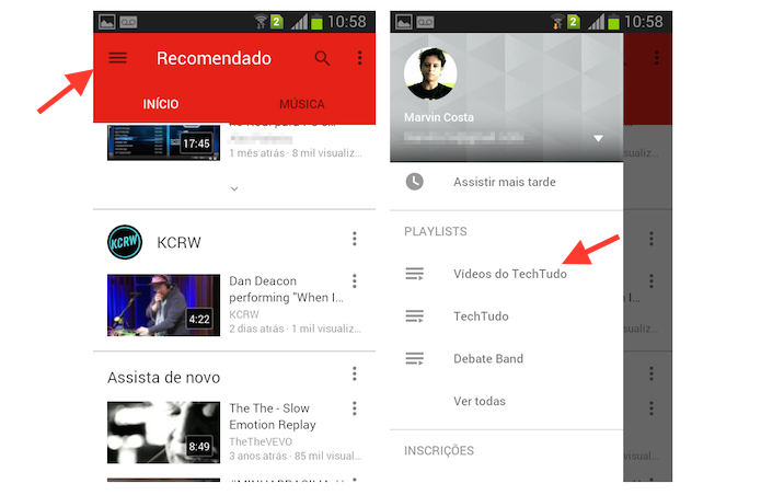 Acessando a playlist criada no YouTube para Android (Foto: Reprodu??o/Marvin Costa)