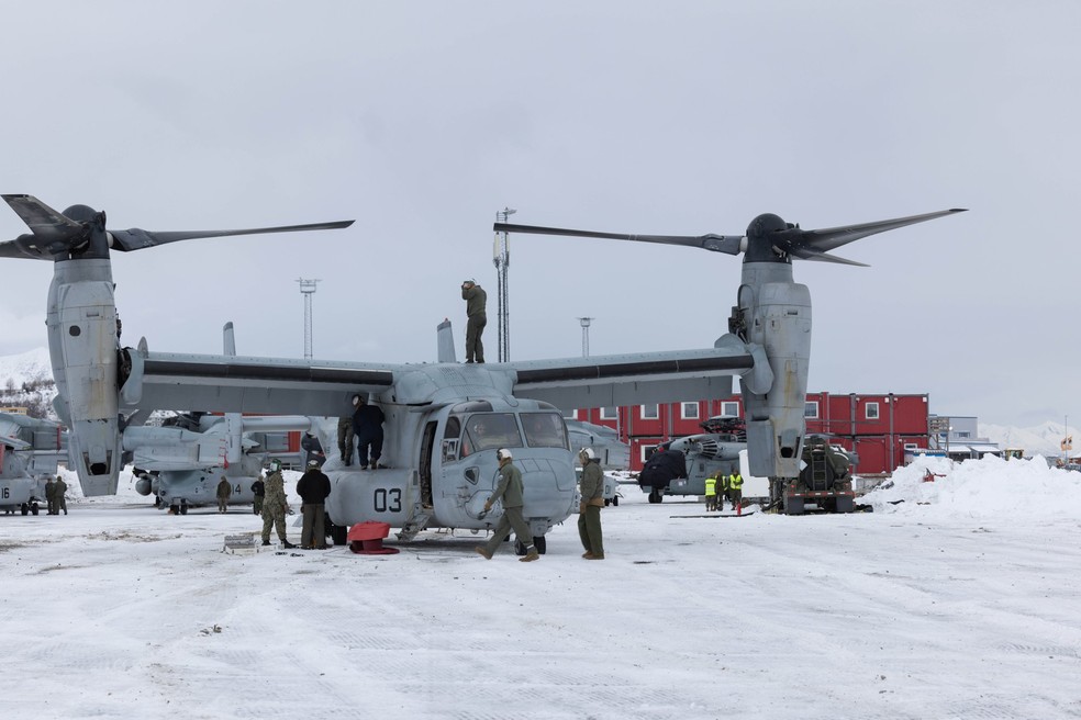 Aeronave V-22 Osprey, similar a que teria desaparecido na Noruega — Foto: Cortesia/Forças Armadas da Noruega