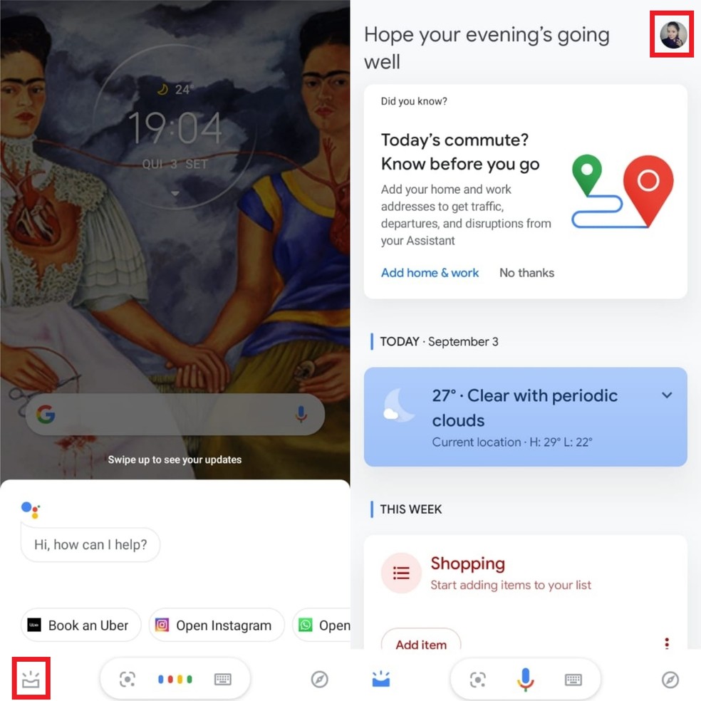 Abra o Google Assistente e toque sobre sua foto para acessar as configurações — Foto: Reprodução/Clara Fabro