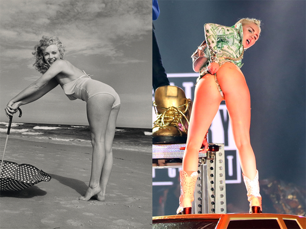 Left, Lot 31. André de Dienes (1913-1985). Marilyn Monroe, Tobey Beach, 1949. Starting bid: £1,400. Right:  Miley Cyrus performs her notorious twerking moves (Foto: GETTY: Courtesy Christie’s Images Ltd. 2014, GETTY)