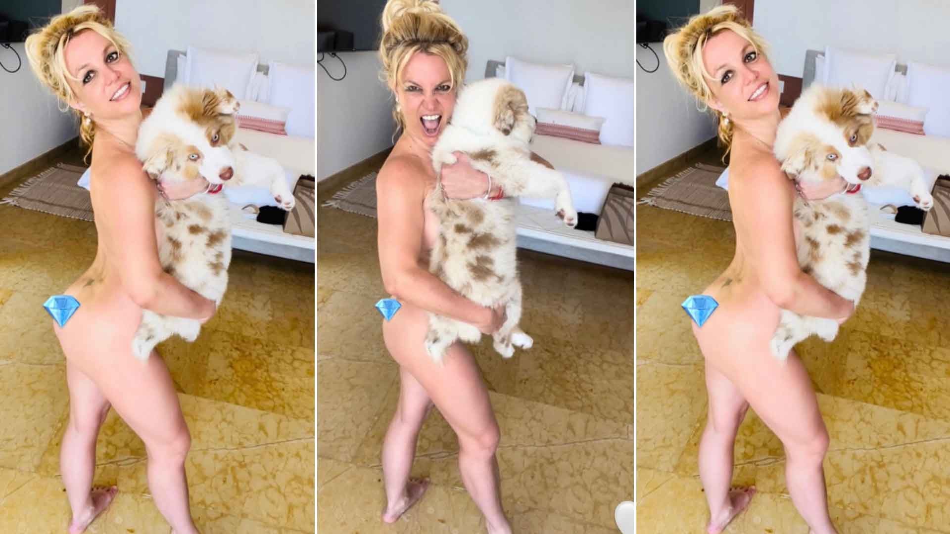 Britney Spears posta foto nua segurando cachorro