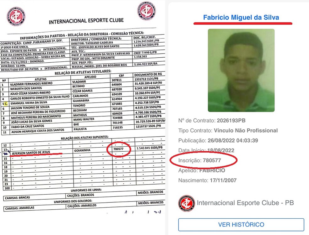 Escala��o divulgada pelo Internacional-PB, ao lado registro de Fabr�cio no BID, com o n�mero que est� na s�mula como de Jefferson � Foto: Reprodu��o 