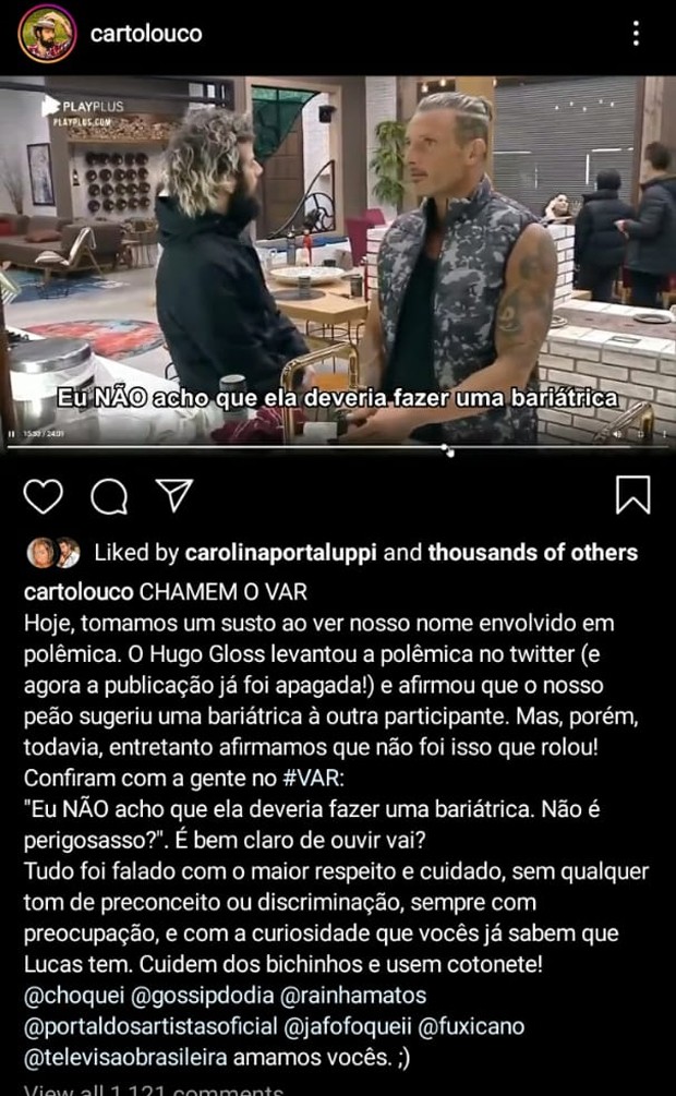 Polêmica envolvendo falsa acusação de gordofobia de Cartolouco contra Jojo Todynho (Foto: Reprodução/Instagram)