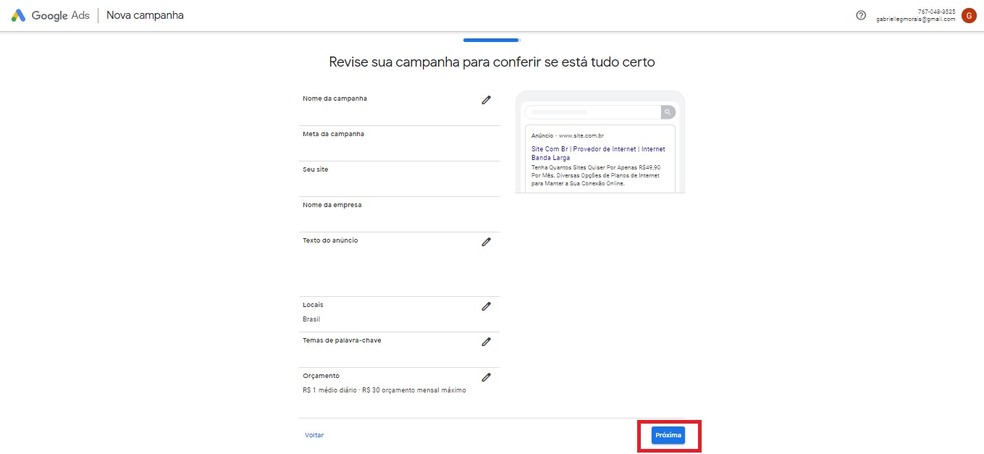 Sempre confirme todas as informações antes de enviar sua campanha no Google Ads — Foto: Reprodução/Gabrielle Garcia