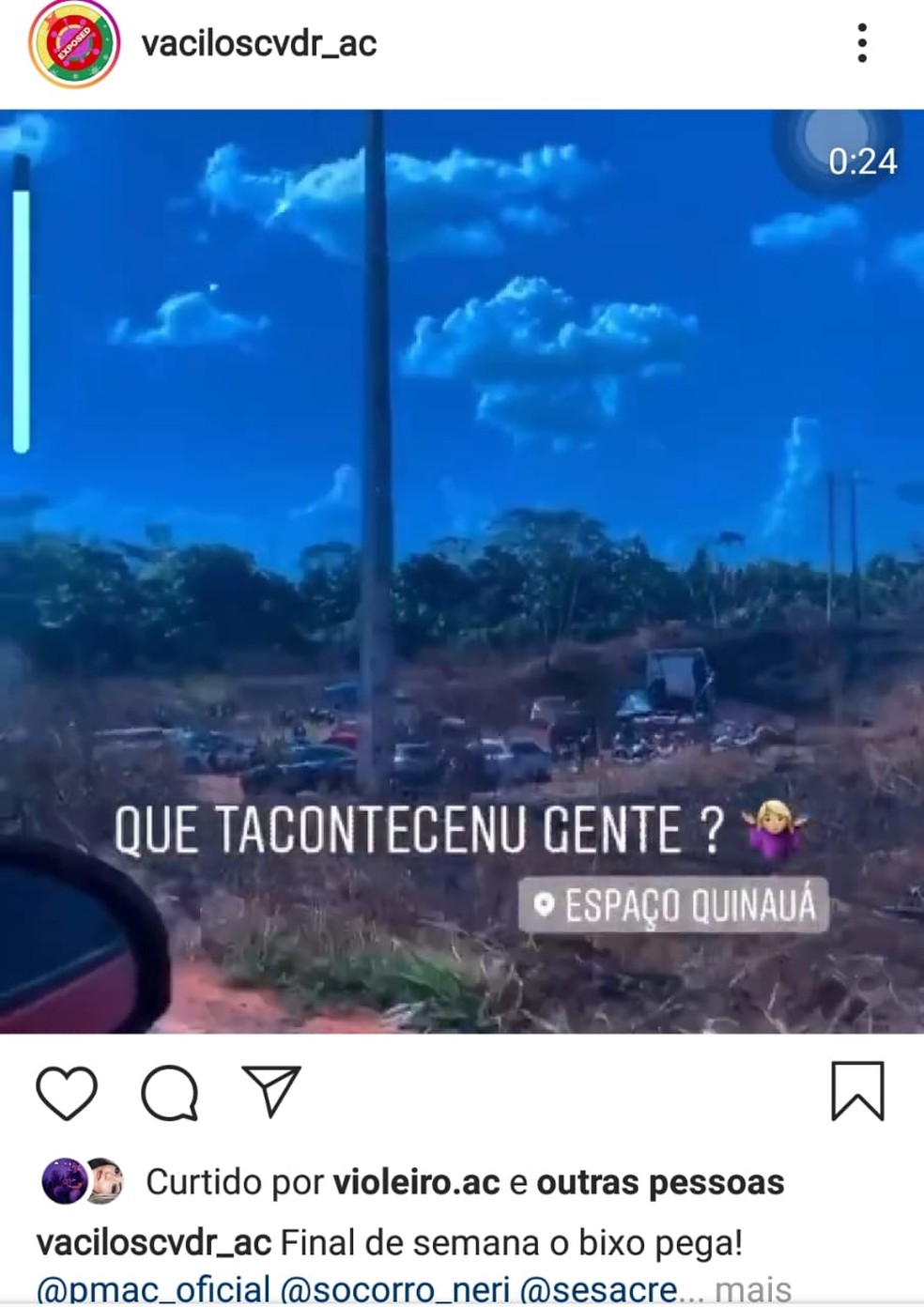 Página expôs balneário lotado em Rio Branco — Foto: Reprodução 