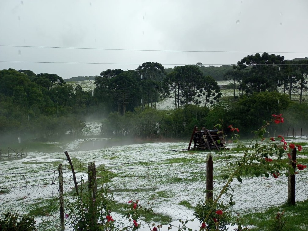 Moradores do bairro Boa Vista, no distrito de Campestrinho, em Andradas (MG), registraram local ‘coberto de neve’ — Foto: Antônia Oliveira