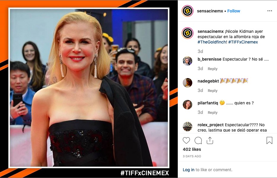 Um post de um perfil que cobriu a passagem da atriz Nicole Kidman pelo Festival de Cinema de Toronto (Foto: Instagram)