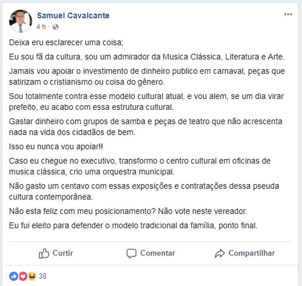 Vereador de Mogi Mirim (SP), Samuel Cavalcante pediu ao prefeito o cancelamento da peça "Pequenas Igrejas Grandes Negócios" (Foto: Reprodução/Facebook)