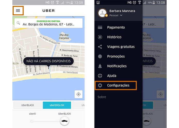 Acesse o menu do Uber e selecione as configurações (Foto: Reprodução/Barbara Mannara)