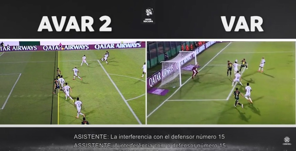 Destaque do lance do segundo gol do Defensa y Justicia, anulado pelo árbitro — Foto: Reprodução