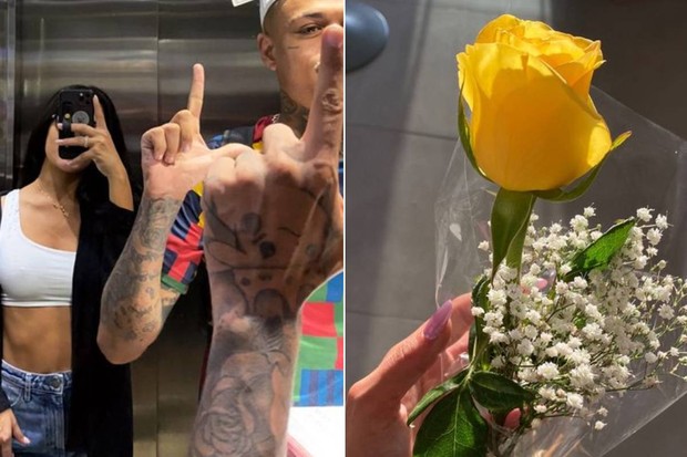 Bella Campos posa no elevador com MC Cabelinho e mostra flores que ganhou (Foto: Reprodução/Instagram)
