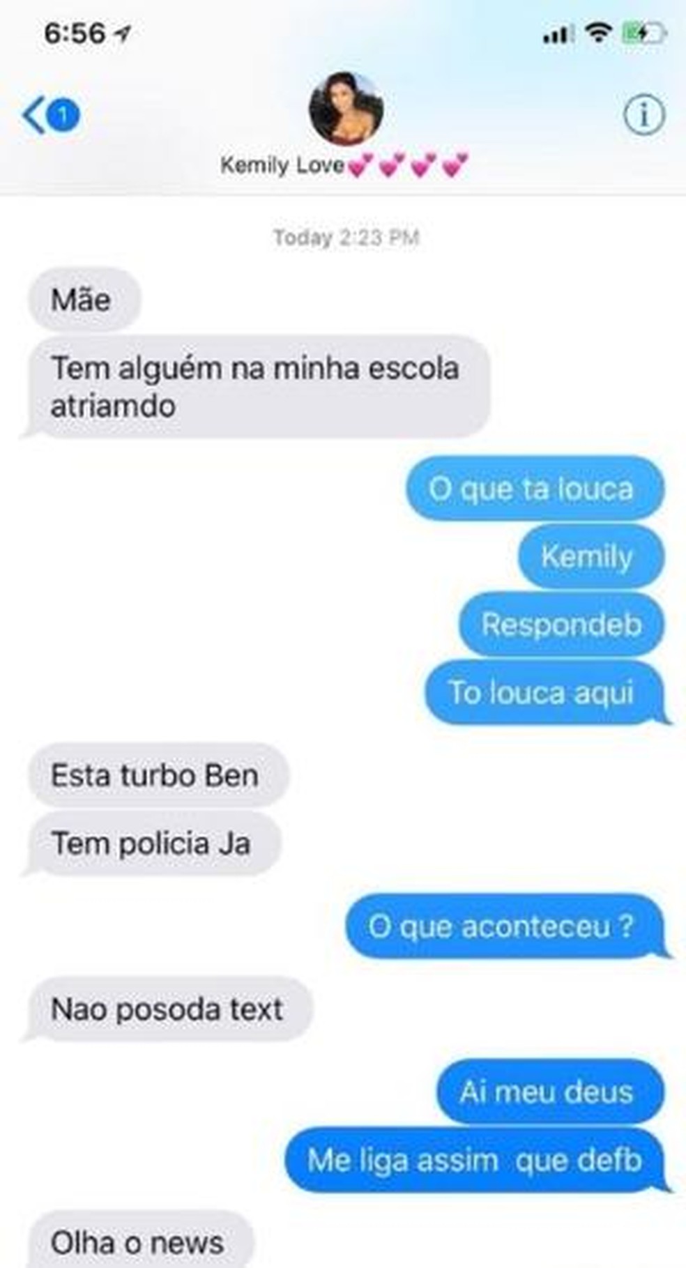 Reprodução de mensagens trocadas por mãe e filha durante ataque a escola  (Foto: EPA/BBC)