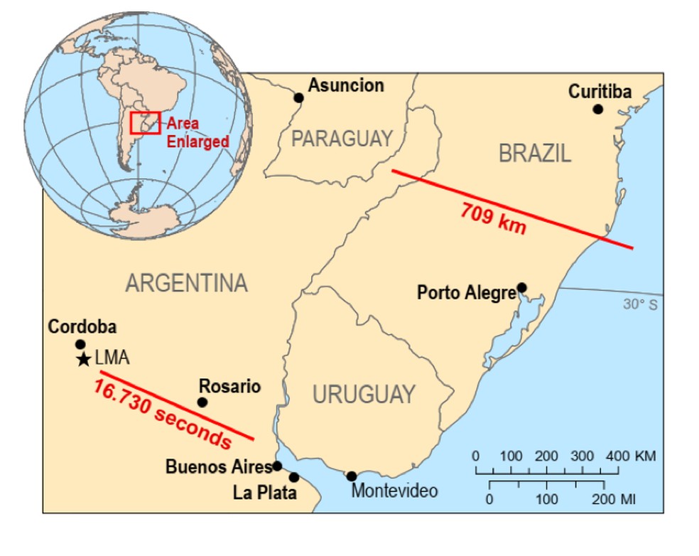 Infográfico da OMM mostra a distância percorrida pelo maior raio do mundo, que cortou o Sul do Brasil em outubro de 2018; registro de raio com brilho mais longo foi na Argentina, em março de 2019: durou 16,730 segundos — Foto: Divulgação/OMM