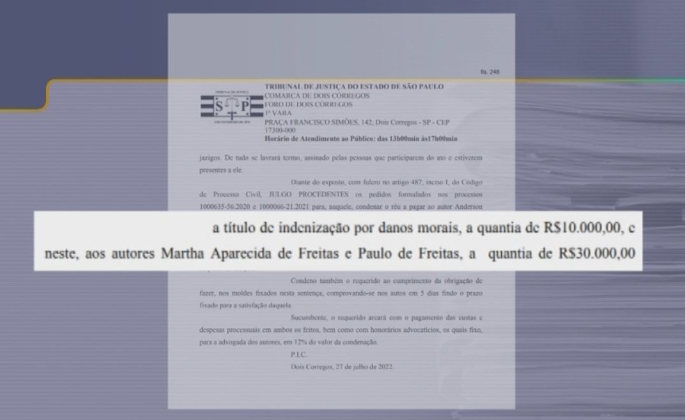 Trecho de decisão judicial sobre troca de túmulos em Dois Córregos — Foto: Eduardo Dantas/TV TEM
