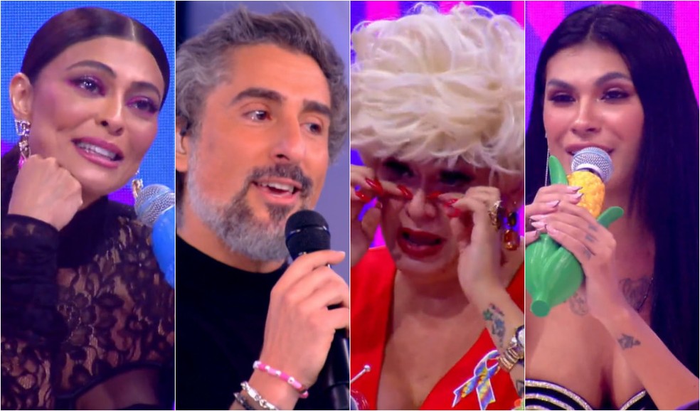 Juliana Paes, Marcos Mion, Nany People e Pocah se emocionam com participante no 'Caldeirola' — Foto: Globo