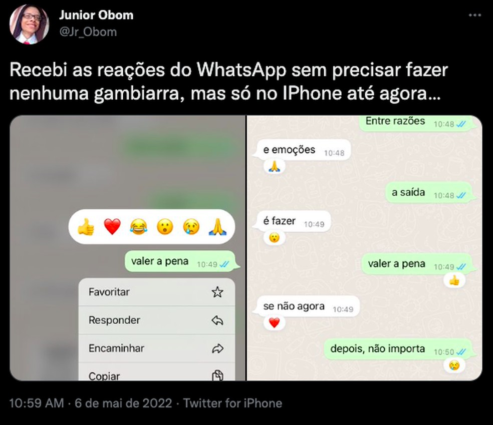 Atualização do WhatsApp traz reações para mensagens — Foto: Reprodução/Twitter