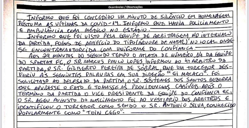 Caso de suposta injúria racial na 2ª divisão paraibano foi registrada em súmula pelo árbitro da partida — Foto: Reprodução / Redes Sociais