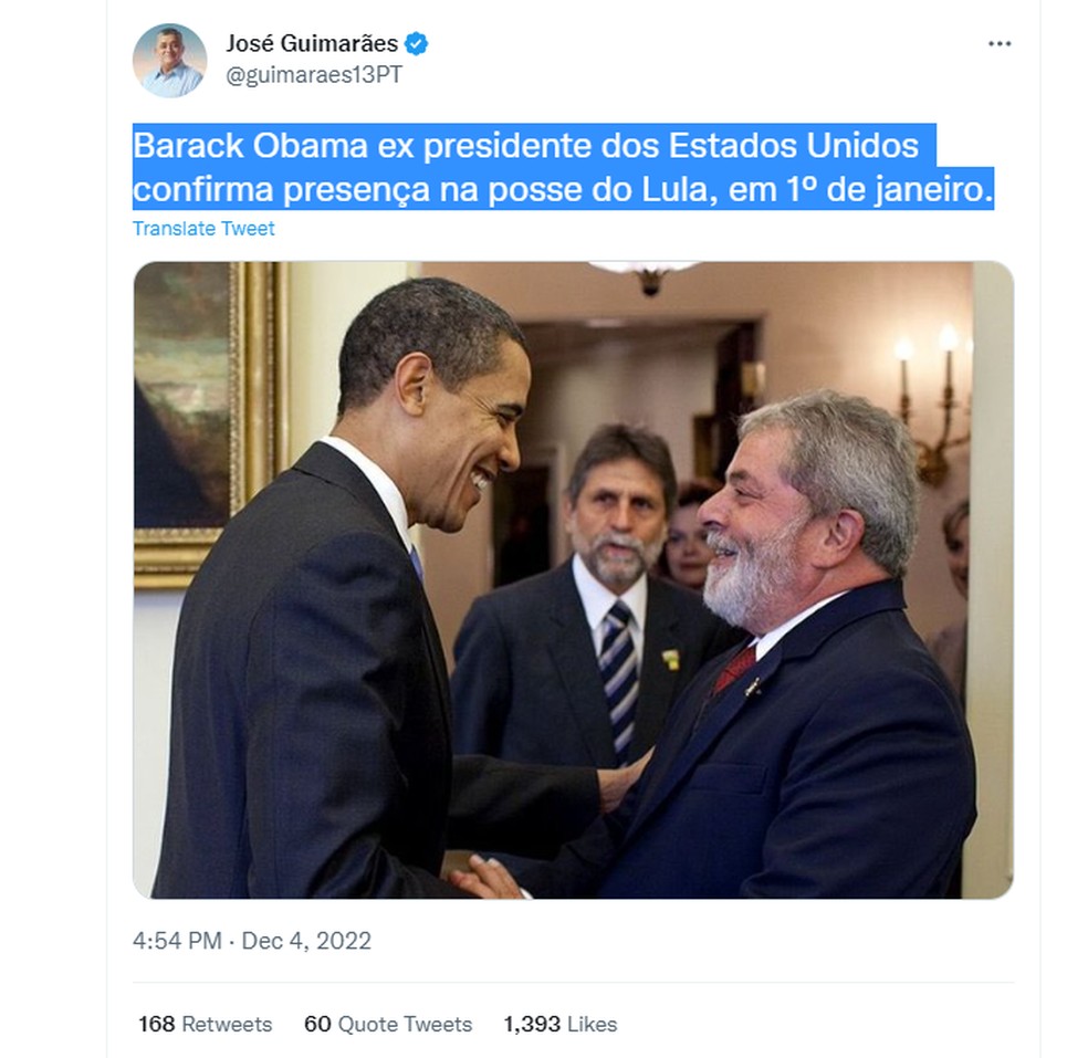 Post que o deputado José Guimarães (PT-CE) apagou depois de ter publicado no Twitter — Foto: Reprodução