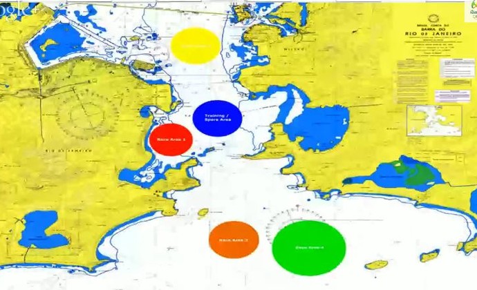 Baía de Guanabara: círculos coloridos no mapa mostram os locais onde podem acontecer competições em 2016 (Foto: Reprodução/Rio 2016)