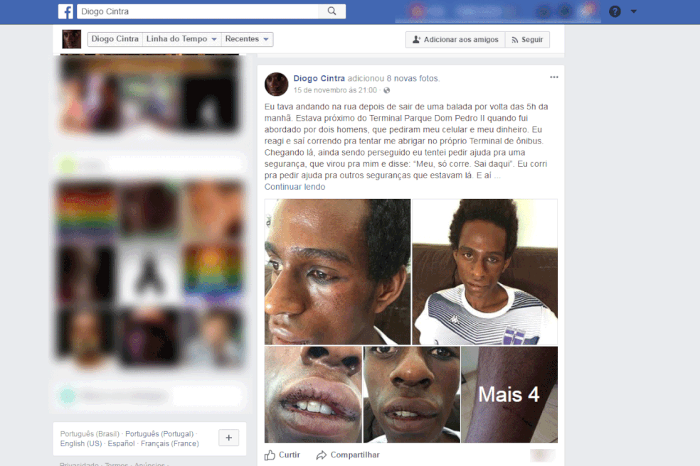 Ator Diogo Cintra revela ter sido assaltado, agredido e vítima de racismo na madrugada de quarta-feira (15), den.ro do Terminal Parque Dom Pedro II, no Centro de São Paulo. (Foto: reprodução)
