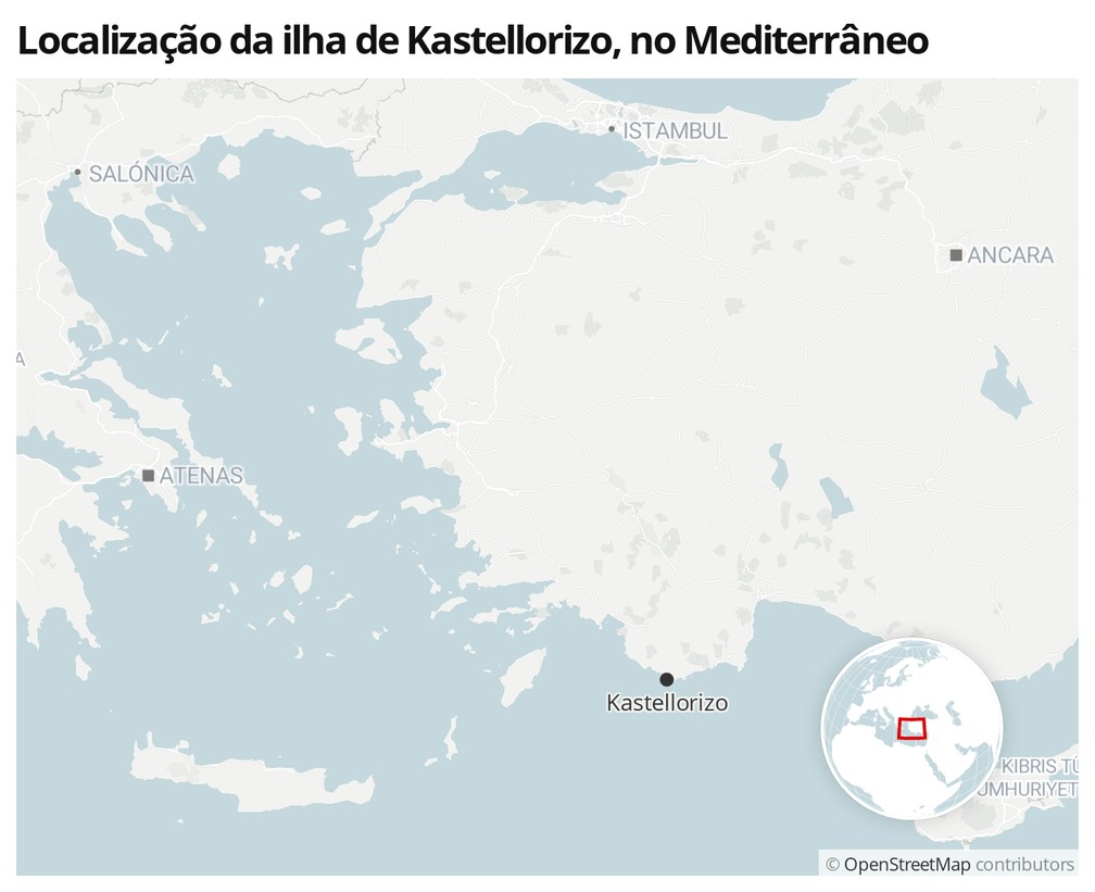 Mapa mostra onde fica a ilha de Kastellorizo, no Mediterrâneo — Foto:  G1