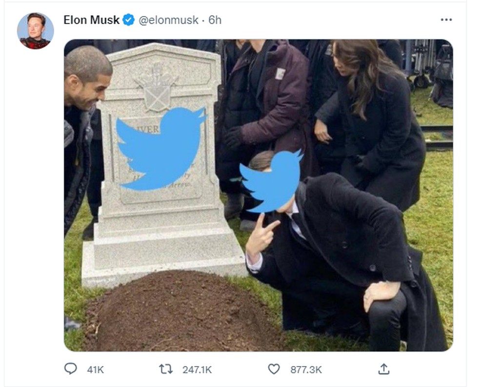 Musk publicou meme ironizando possível "morte" do Twitter. — Foto: Reprodução