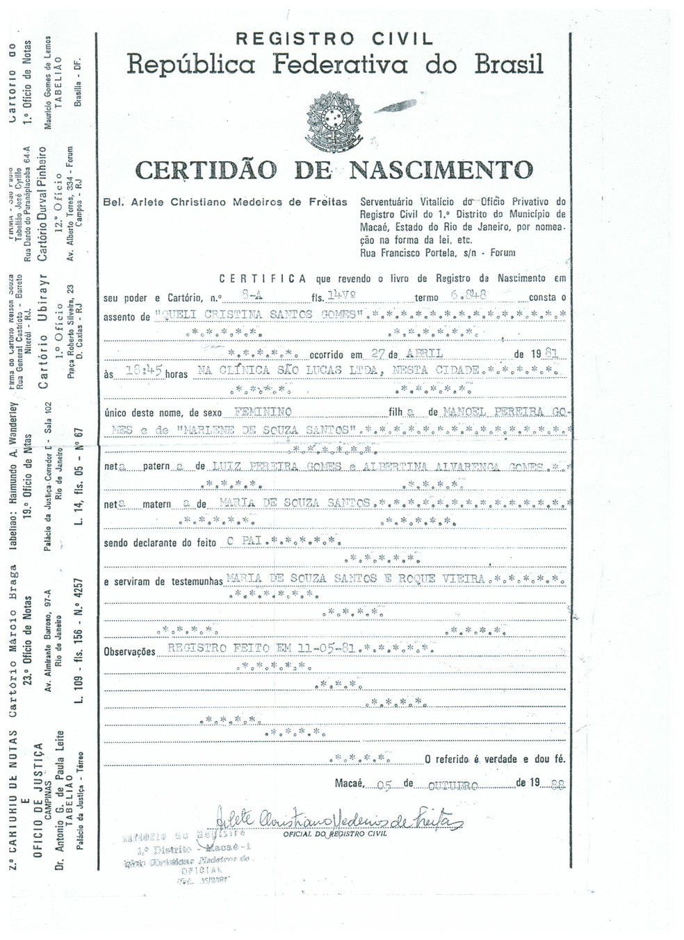 Certid&atilde;o de nascimento de Queli Cristina, desaparecida h&aacute; cerca de 35 anos &mdash; Foto: Arquivo pessoal