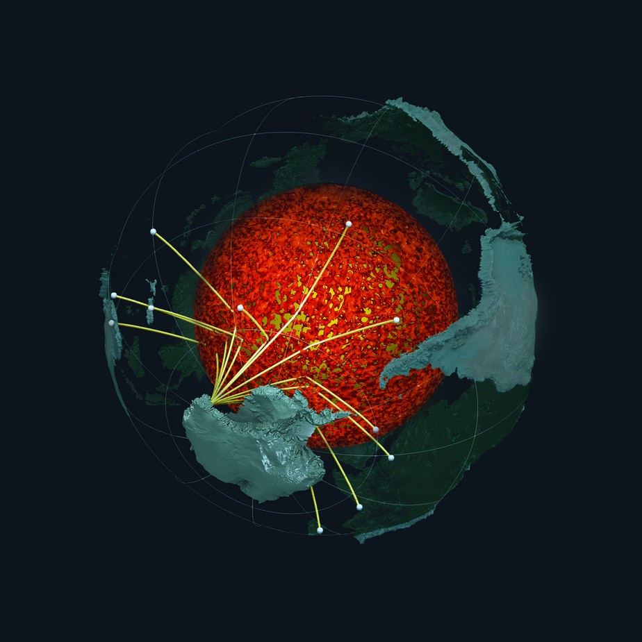 Nesta representação da imagem subterrânea, ondas sísmicas de terremotos no hemisfério sul mostram a estrutura de oceano antigo ao longo do limite do núcleo-manto da Terra