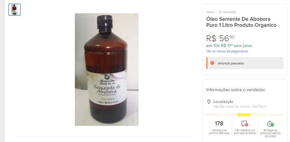 Suposto óleo de semente de abóbora era vendido pela internet — Foto: Divulgação/Polícia Civil 