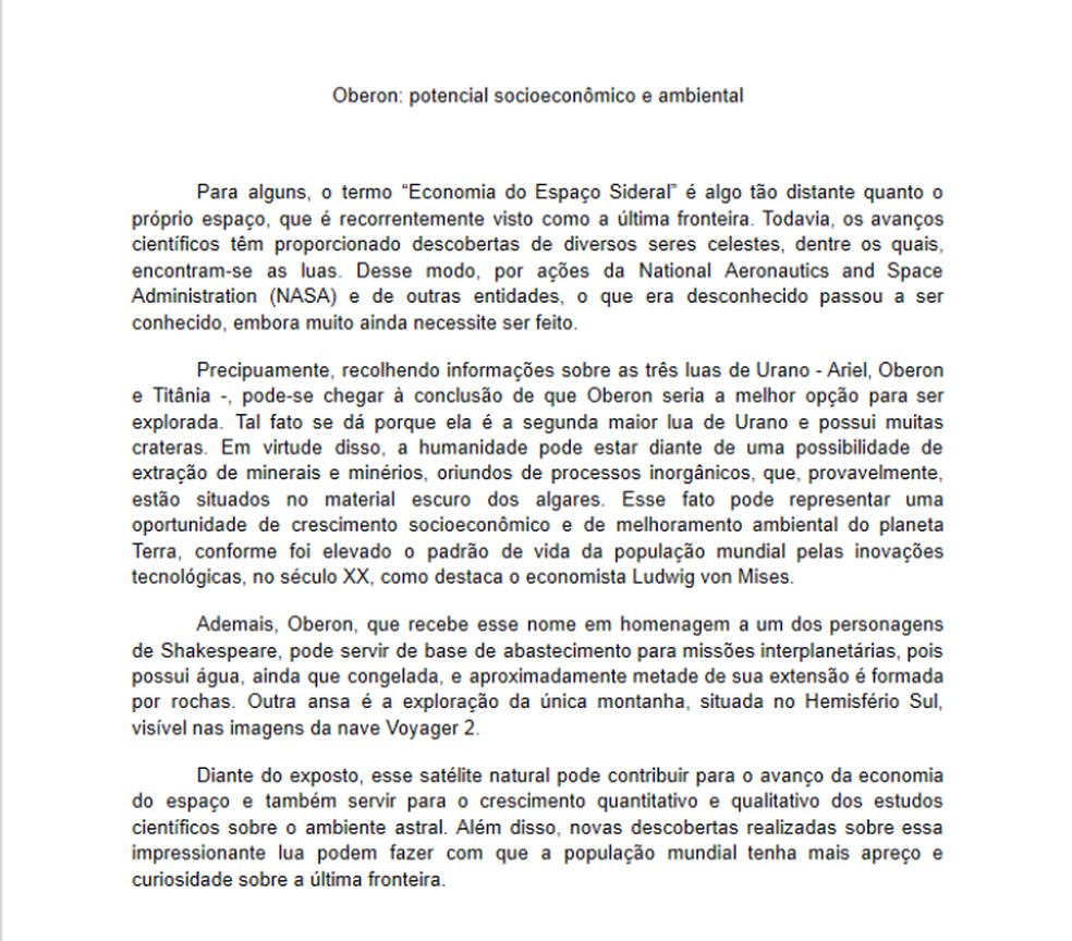 Redação "Oberon: potencial socioeconômico e ambiental" de Estêvão de Moraes — Foto: IFPE Belo Jardim/Divulgação