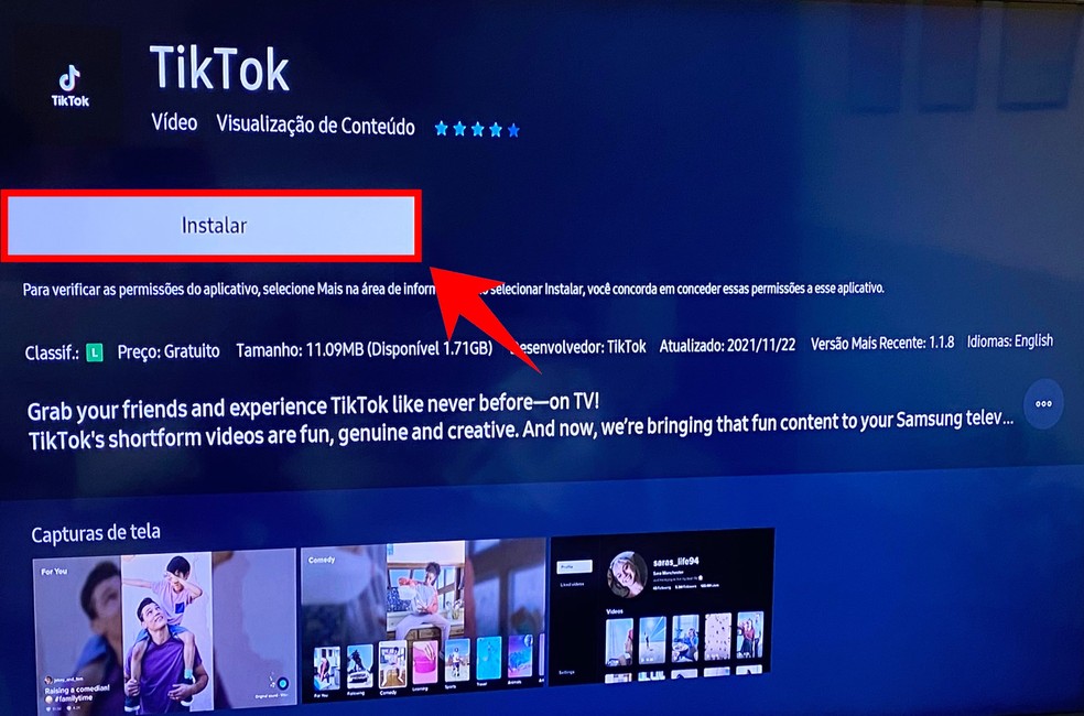 Veja como instalar TikTok na smart TV Samsung — Foto: Reprodução/Rodrigo Fernandes