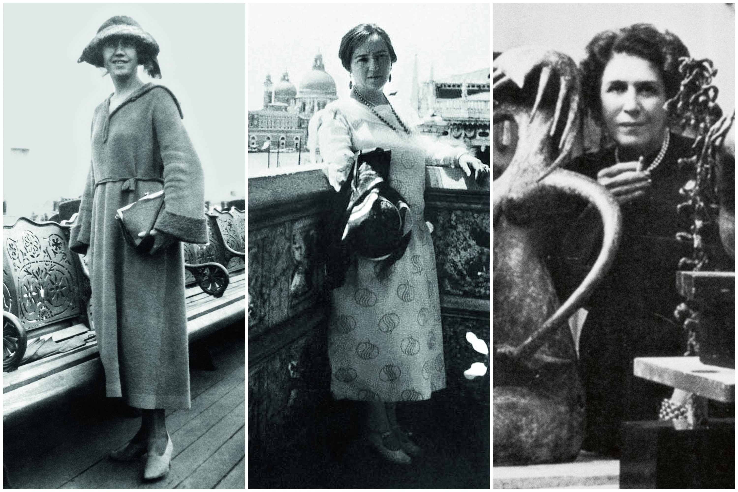 Tarsila do Amaral na Inglaterra no início da década de 20; Anita Mafalti em Veneza; Maria Martins em seu ateliê em Paris (Foto: Instituto Moussia / Acervo MAC-USP/Divulgação)