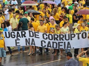 Em Ji-Paraná (RO), manifestantes caminham pelas duas pistas da BR-364, em frente ao Ginásio Gerivaldão, levando faixas e cartazes com frases de protesto contra a corrupção. (Foto: Pâmela Fernandes / G1)