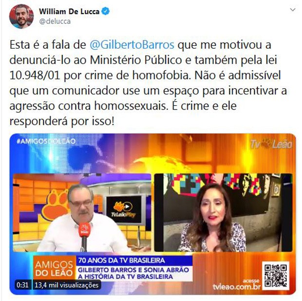 William De Lucca aciona MP contra Gilberto Barros, que ameaçou bater em gays que se beijarem em público (Foto: Reprodução/Instagram)