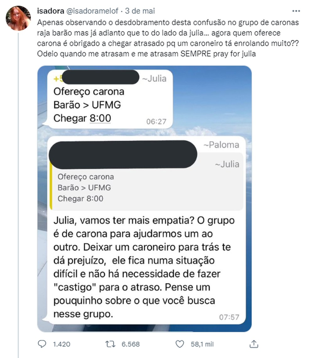 Discussão em grupo de caronas para a UFMG viraliza na internet — Foto: Reprodução/ Twitter