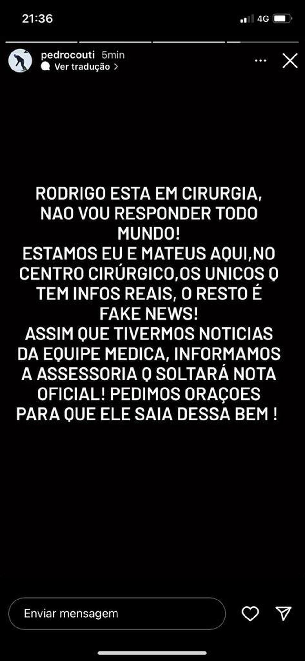 Pedro Couti, amigo de Rodrigo Mussi, comenta sobre a situação do ex-brother após acidente — Foto: Reprodução/Instagram