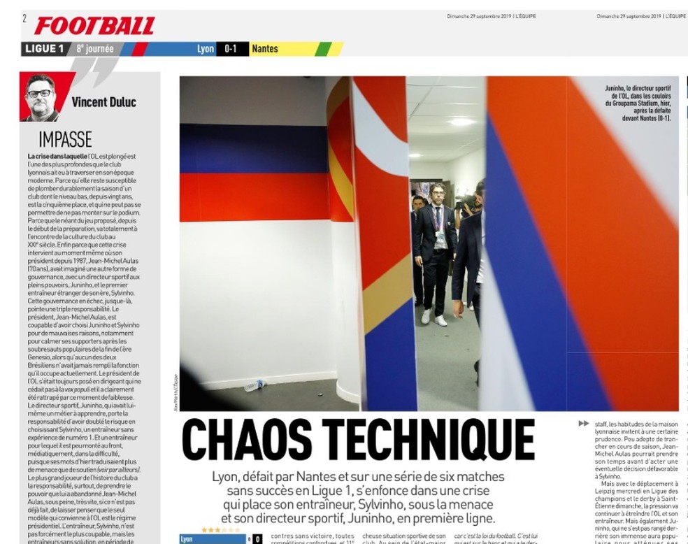 "L'Equipe" destaca o "caos técnico" do Lyon — Foto: Reprodução/L'Equipe