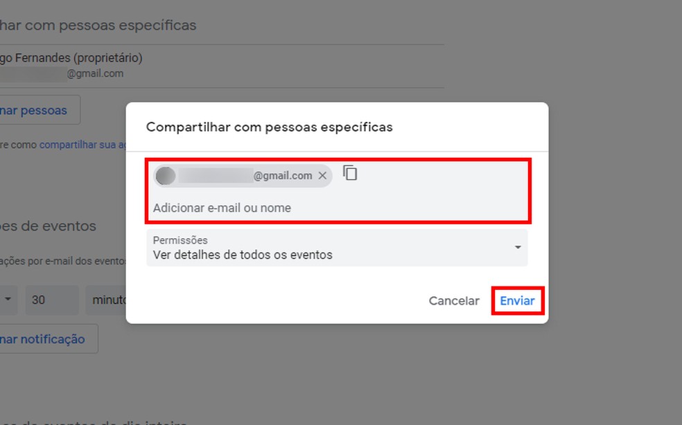 Usuário pode enviar convites para compartilhar agenda do Google — Foto: Reprodução/Rodrigo Fernandes