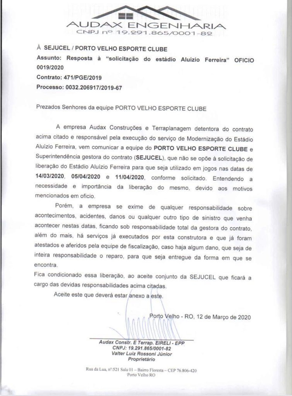 Documento da empresa Audax concedendo libraÃÂ§Ã£o do estÃ¡dio AluizÃ£o (Foto: DivulgaÃÂ§Ã£o)