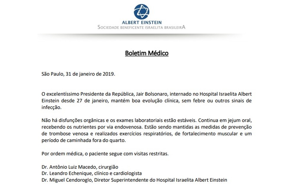 Boletim médico do presidente Jair Bolsonaro desta quinta-feira (31) — Foto: Reprodução 
